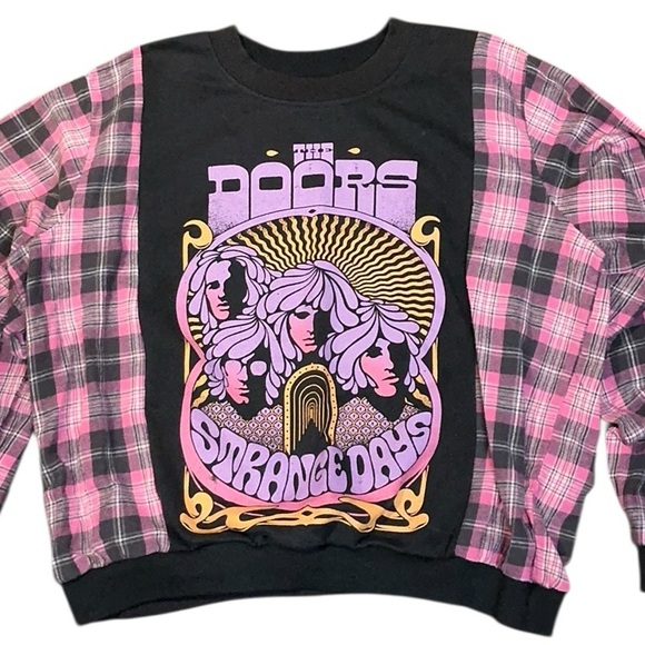 None Tops - The Doors Band Sweatshirt Flannel Upcycled Top